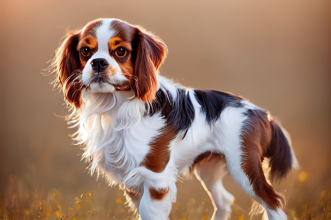 white, brown, and black Cavalier King Charles spaniel standing in a field