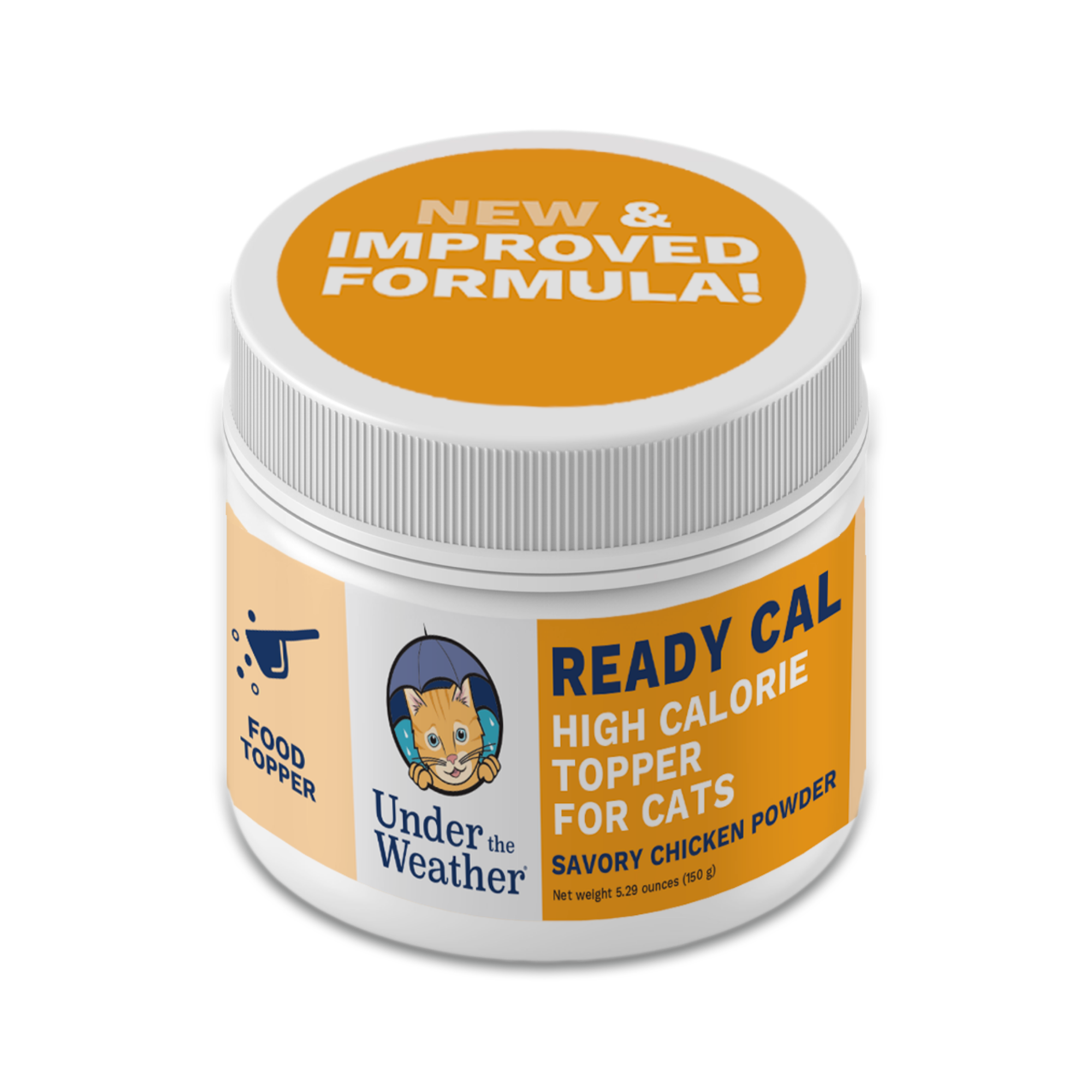 Cat food topper, labeled 'Ready Cal,' high-calorie savory chicken powder.